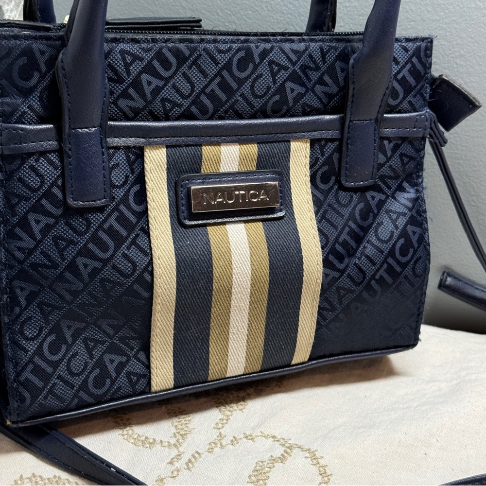 Nautica Blue Stripe canvas leather crossbody tote purse
